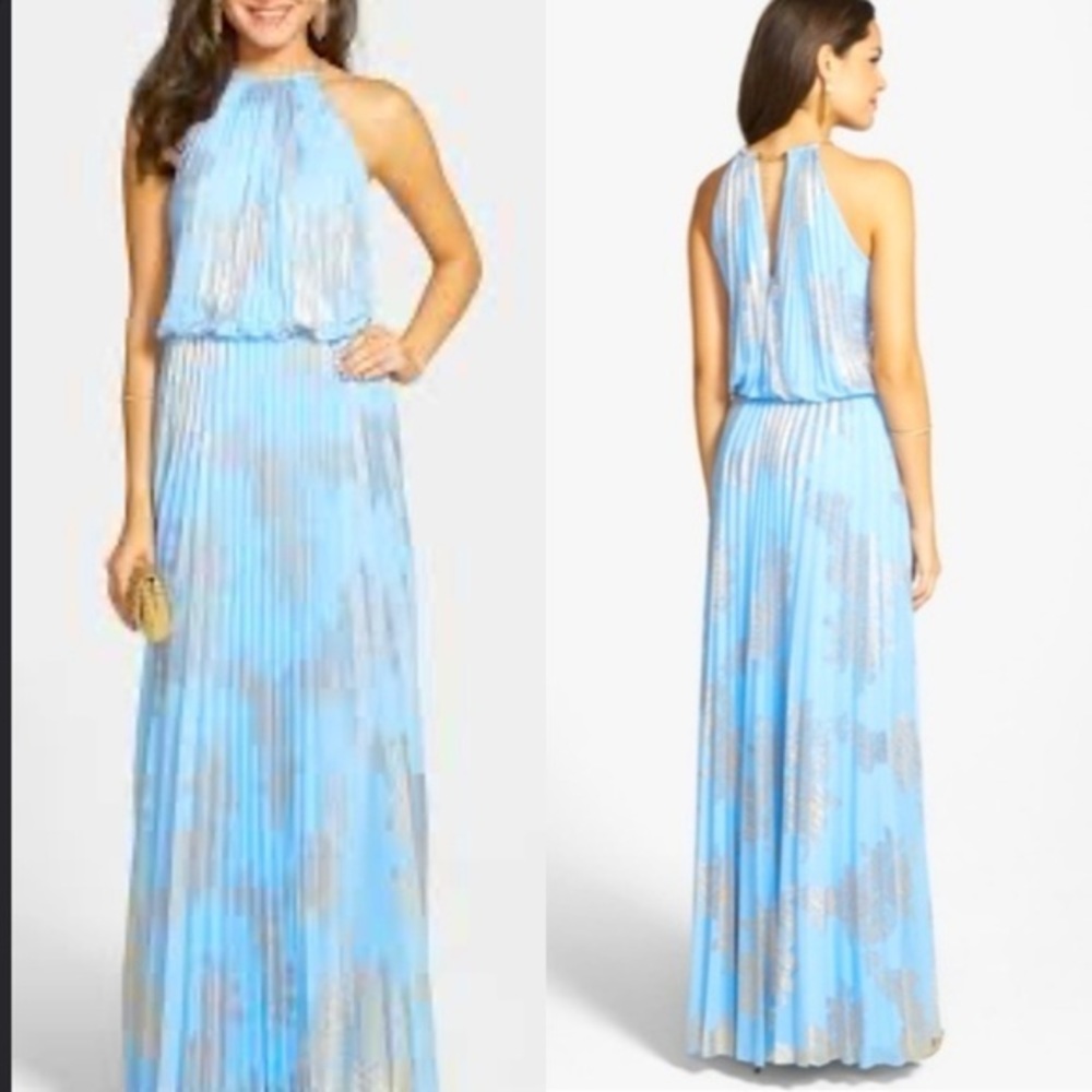 🚫SOLD🚫 Xscape Blue & Gold Pleated Maxi Dress